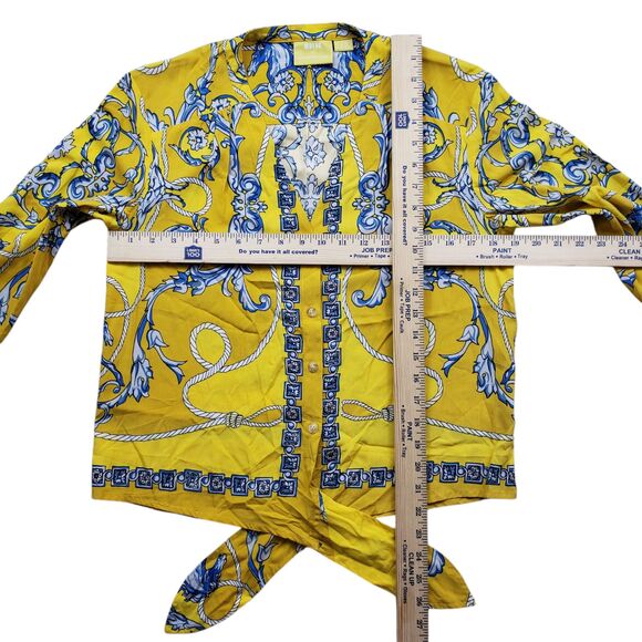 Anthropologie Maeve Elan Scarf Print Blouse 0 Yellow Horse Tie Front Equestrian - Picture 11 of 15